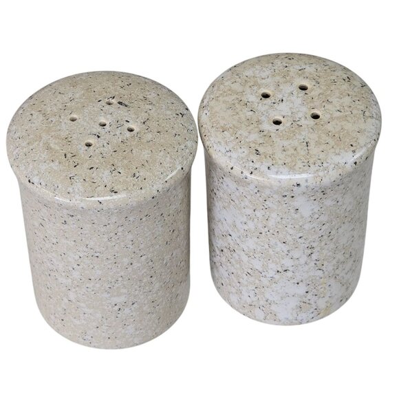 Vintage Ceramic Salt & Pepper Shakers Japan Granite Look Speckled Tan & White - Picture 5 of 5